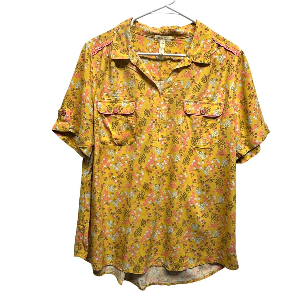 Matilda Jane Yellow Floral Button‎ Blouse Lace Detail Size L Whimsy